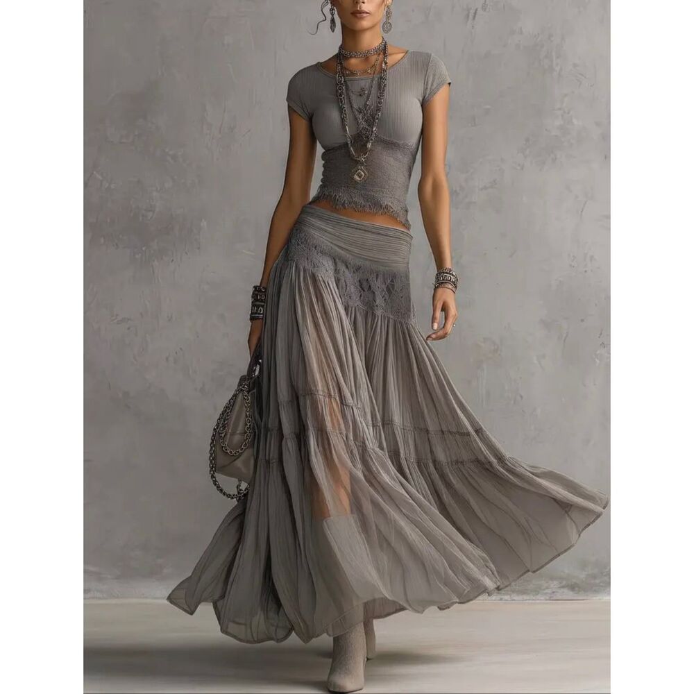 Luxury Boutique Layered Lace Maxi Skirt/Top Set Gray Romantic Cottagecore XL